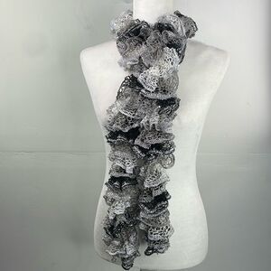 SCARF Crocheted Ruffle Scarf White, Gray & Silver Shimmery